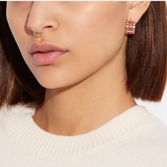 Coach Signature Enamel Huggie Earrings in Gold & Red Glitter - Picture 2 of 3